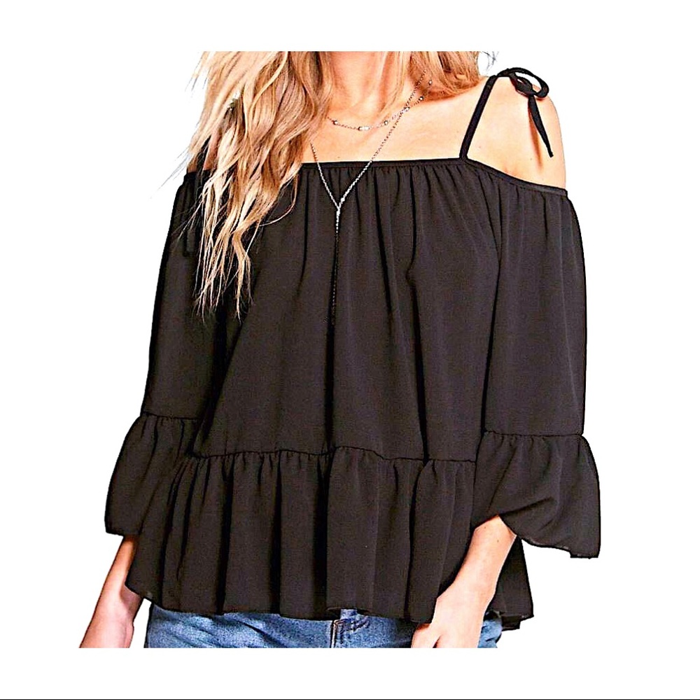 NWT Boohoo Black Flouncy Cold Shoulder Top